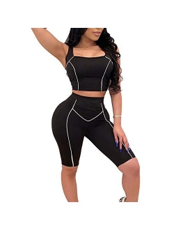 Womens Sexy Reflective 2 Piece Outfits - Bodycon Sleeveless Vest Crop Top+ Short Pants Set Biker Tracksuit Jumpsuit