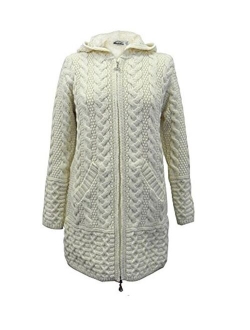 Irish Aran Knitwear 100% Irish Merino Wool Women's Long Hooded Coat with Pockets