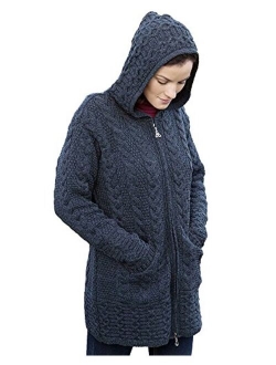 Irish Aran Knitwear 100% Irish Merino Wool Women's Long Hooded Coat with Pockets