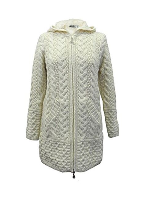 Irish Setter Irish Aran Knitwear 100% Irish Merino Wool Women's Long Hooded Coat with Pockets