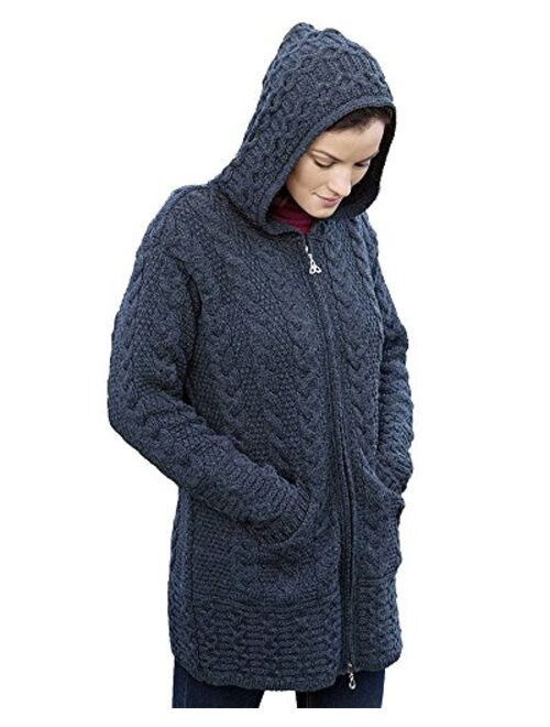 Irish Setter Irish Aran Knitwear 100% Irish Merino Wool Women's Long Hooded Coat with Pockets