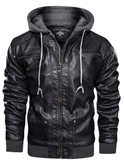 HOOD CREW Men's Warm PU Faux Leather Zip-Up Motorcycle Bomber Jacket with a Removable Hood