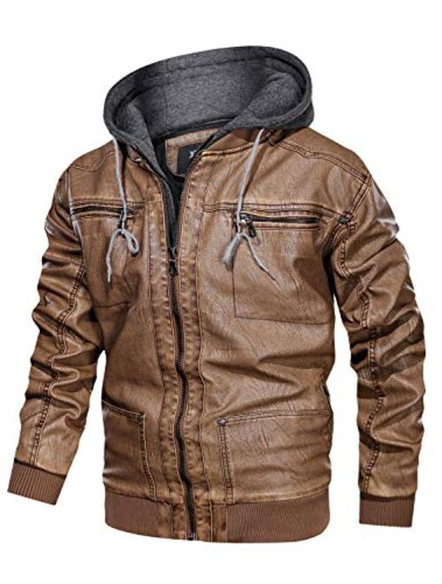 HOOD CREW Men's Warm PU Faux Leather Zip-Up Motorcycle Bomber Jacket with a Removable Hood