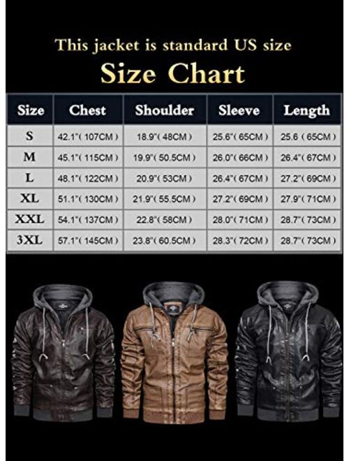 HOOD CREW Men's Warm PU Faux Leather Zip-Up Motorcycle Bomber Jacket with a Removable Hood