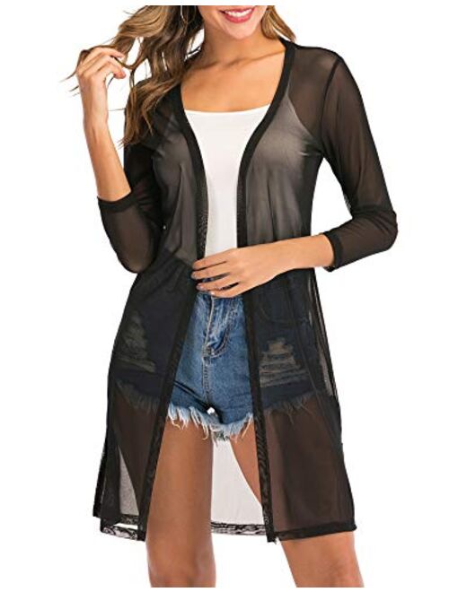 Womens Long Sleeve Transparent Cardigan Open Front Lightweight Sexy Casual Breathable Beachwear