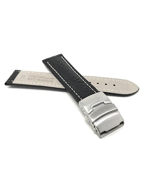 20mm to 24mm Genuine Leather Watch Band Strap with Deployment Clasp Buckle, Comes in Black and Brown