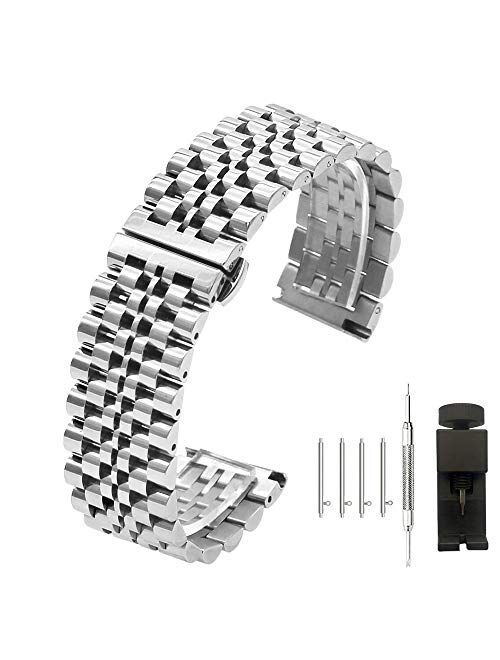 Kai Tian 6 Colors for Flexible Watch Strap Polished 7 Rows 20mm 22mm Stainless Steel Watch Band Quick Release Metal Watch Bracelet Deployment Clasp(Black,Silver,Blue,Gold