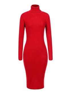 GLOSTORY Women's Long Sleeve Winter Turtleneck Sweater Dress Midi Knee Length Sexy Slim Fitted Bodycon Dresses 7628