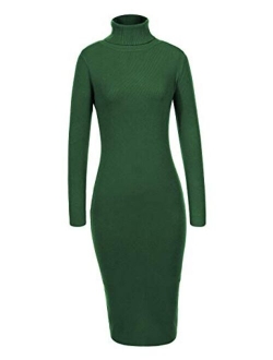 GLOSTORY Women's Long Sleeve Winter Turtleneck Sweater Dress Midi Knee Length Sexy Slim Fitted Bodycon Dresses 7628