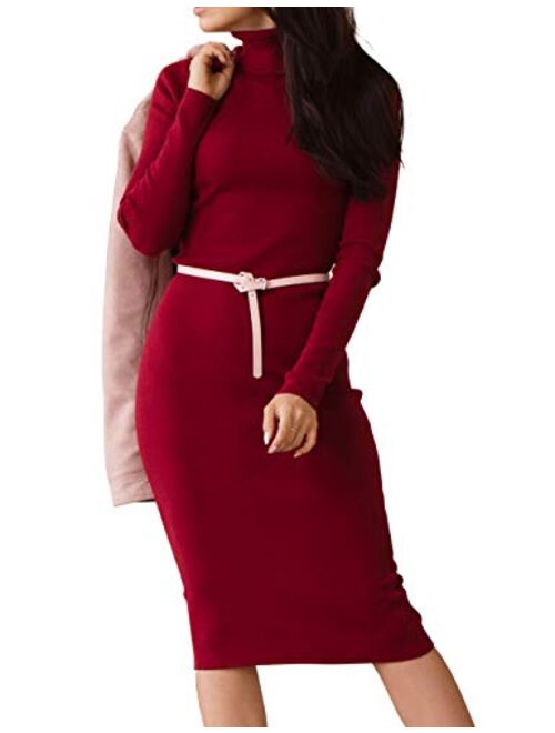 GLOSTORY Women's Long Sleeve Winter Turtleneck Sweater Dress Midi Knee Length Sexy Slim Fitted Bodycon Dresses 7628