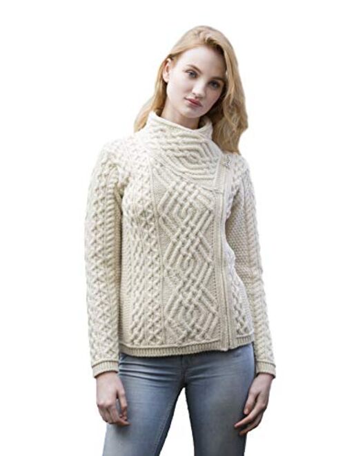 Aran Crafts Women's Irish Cable Knitted Side Zip Cardigan (100% Merino Wool)