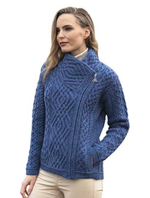 Aran Crafts Women's Irish Cable Knitted Side Zip Cardigan (100% Merino Wool)