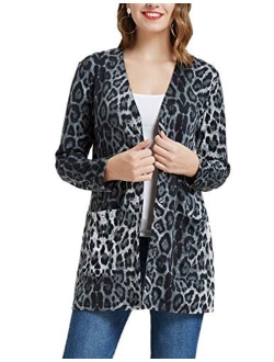 Women Long Sleeve Printed Leopard Open Front Cardigan Sweater Coat with Pockets