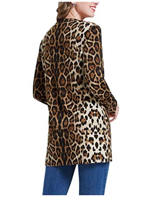 Kate Kasin Women Long Sleeve Printed Leopard Open Front Cardigan Sweater Coat with Pockets