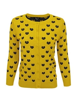 YEMAK Women's Cute Cat Dog Pattern 3/4 Sleeve Button Down Cardigan Sweater