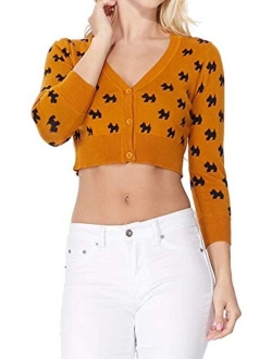 YEMAK Women's Cute Cat Dog Pattern 3/4 Sleeve Button Down Cardigan Sweater