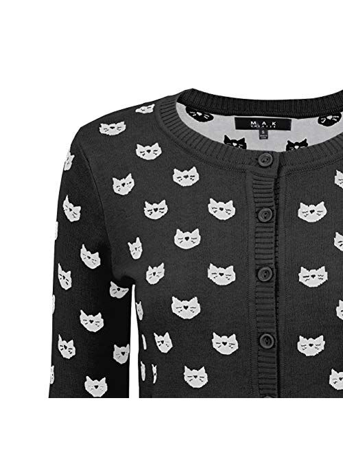 YEMAK Women's Cute Cat Dog Pattern 3/4 Sleeve Button Down Cardigan Sweater