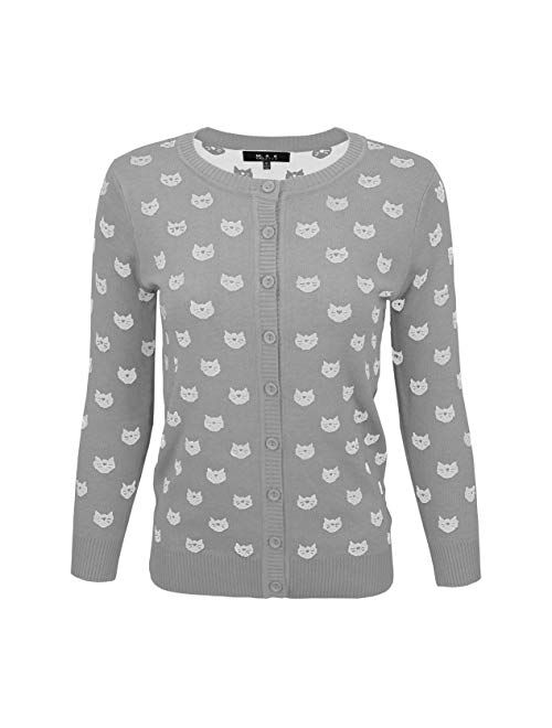 YEMAK Women's Cute Cat Dog Pattern 3/4 Sleeve Button Down Cardigan Sweater