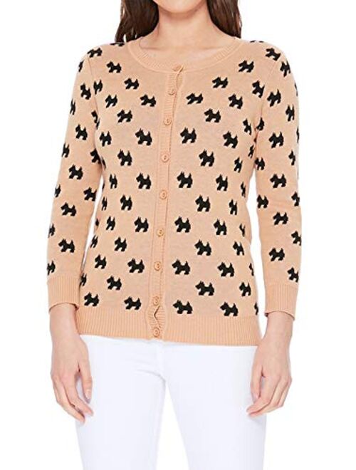 YEMAK Women's Cute Cat Dog Pattern 3/4 Sleeve Button Down Cardigan Sweater