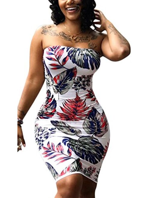 Women Sexy Tropical Summer Dress Strapless Floral Midi Tube Bodycon Party Clubwear