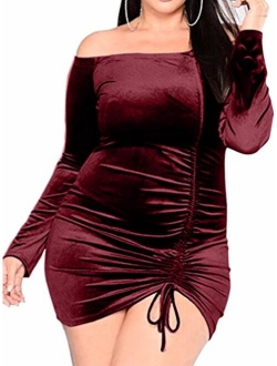 BEAGIMEG Women's Sexy Velvet Plus Size Ruched Off Shoulder Bodycon Mini Club Dress