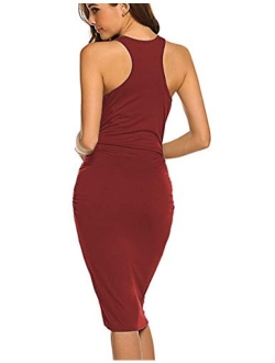 Women's Sleeveless Racerback Ruched Bodycon Dress Midi Fitted Tank Sundresses