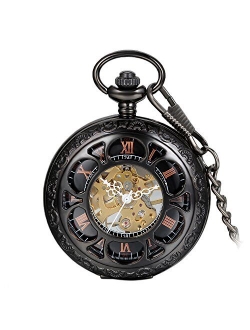 Avaner Retro Steampunk Black Chinese Knot Antique Skeleton Hollow Half Hunter Case Hand Winding Mechanical Pocket Watch with Chain