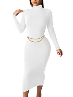 GOBLES Women's Sexy Long Sleeve Casual Bodycon Midi Elegant Cocktail Party Dress