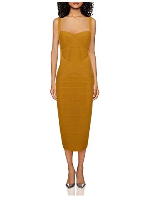 UONBOX Women's Spaghetti Strap Celebrity Midi Evening Party Bandage Dress