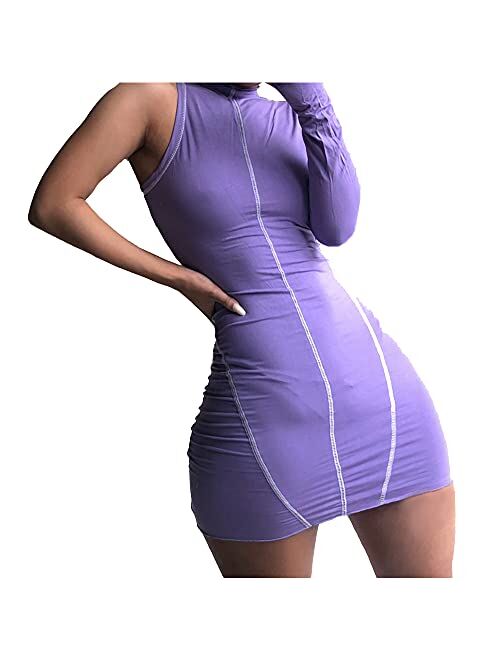 Women's One Shoulder Bodycon Dress Sexy Pencil Mini Dresses Purple Cotton Cocktail