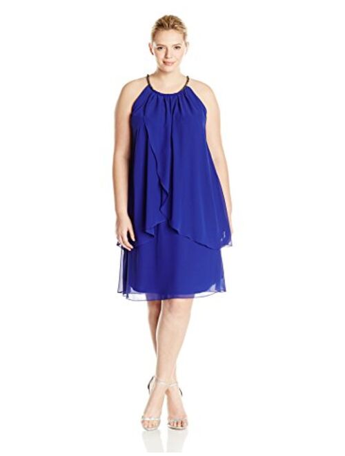 S.L. Fashions Women's Plus-Size Embellished Halter Neck Tier Dress