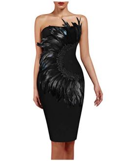 Women's Elegant Strapless Feather Fashion Bodycon Bandage Tube Dress