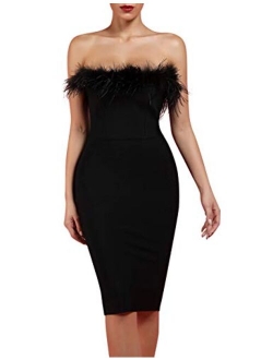 Women's Elegant Strapless Feather Fashion Bodycon Bandage Tube Dress