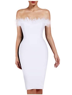 Women's Elegant Strapless Feather Fashion Bodycon Bandage Tube Dress