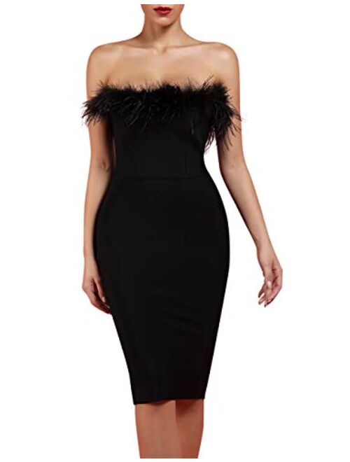 UONBOX Women's Elegant Strapless Feather Fashion Bodycon Bandage Tube Dress