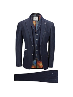 Cavani Mens 3 Piece Suit Navy Blue Stretch Fabric Detailed Smart Tailored Fit Jacket Waistcoat Trouser