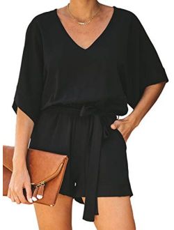 Womens Casual Solid V Neck Short Sleeve Pocketed Tie Rompers Short Jumpsuits