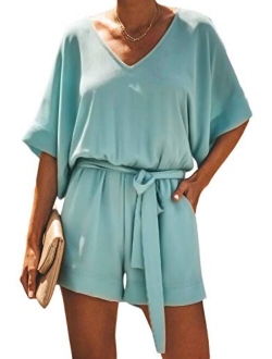 Womens Casual Solid V Neck Short Sleeve Pocketed Tie Rompers Short Jumpsuits