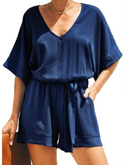 Womens Casual Solid V Neck Short Sleeve Pocketed Tie Rompers Short Jumpsuits