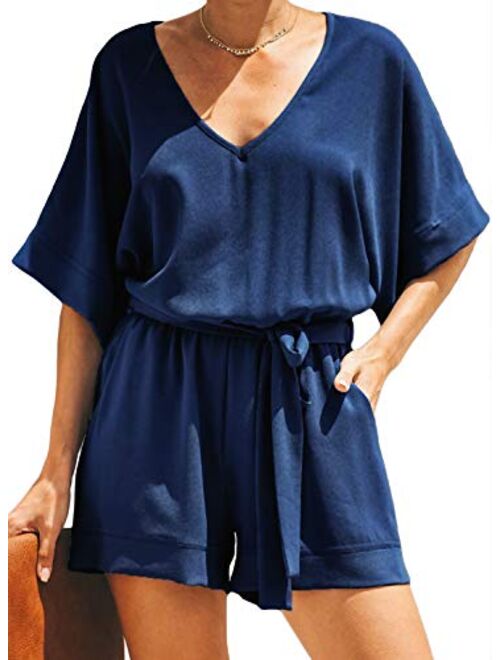 Dokotoo Womens Casual Solid V Neck Short Sleeve Pocketed Tie Rompers Short Jumpsuits