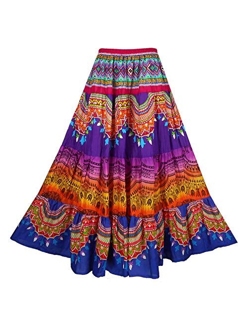 BONYA Women Hippie Boho Colorful Tiered Elastic Stretch Waist Long Skirt