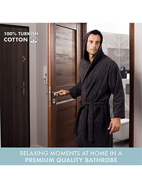 Bathrobe Men - 100% Turkish Cotton - No Chemicals, Hood, 2 Pockets, Belt, Soft, Absorbent