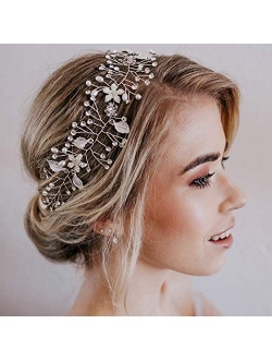 SWEETV Bohemian Headpiece Crystal Pearl Bridal Hair Vine Flower Halo Wedding Headband Tiara