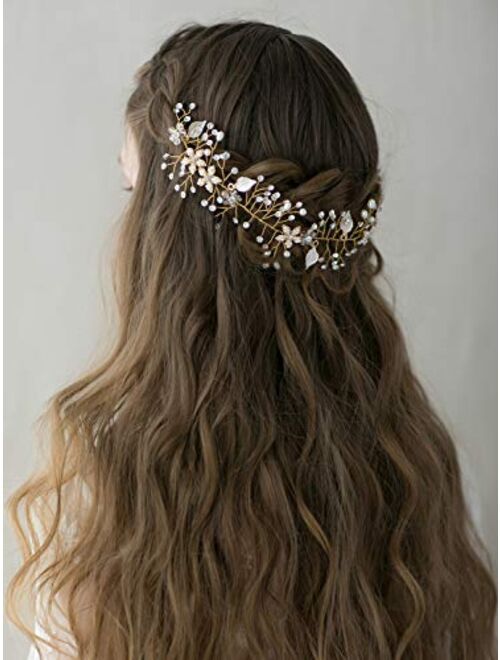 SWEETV Bohemian Headpiece Crystal Pearl Bridal Hair Vine Flower Halo Wedding Headband Tiara