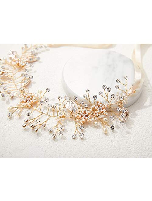 SWEETV Bohemian Headpiece Crystal Pearl Bridal Hair Vine Flower Halo Wedding Headband Tiara