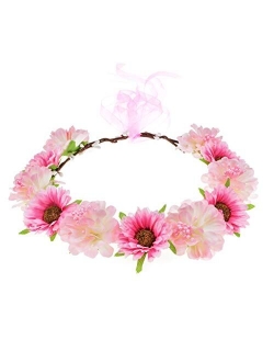 June Bloomy Rose Flower Leave Crown Bridal Halo Headband with Adjustable Ribbon