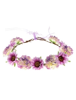 June Bloomy Rose Flower Leave Crown Bridal Halo Headband with Adjustable Ribbon