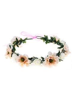 June Bloomy Rose Flower Leave Crown Bridal Halo Headband with Adjustable Ribbon