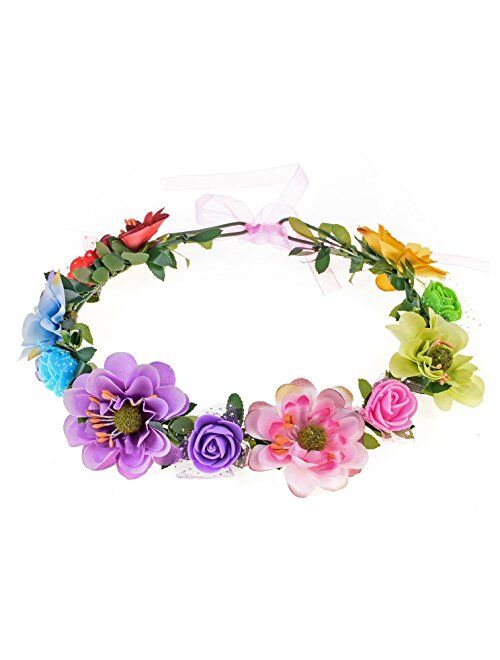 June Bloomy Rose Flower Leave Crown Bridal Halo Headband with Adjustable Ribbon