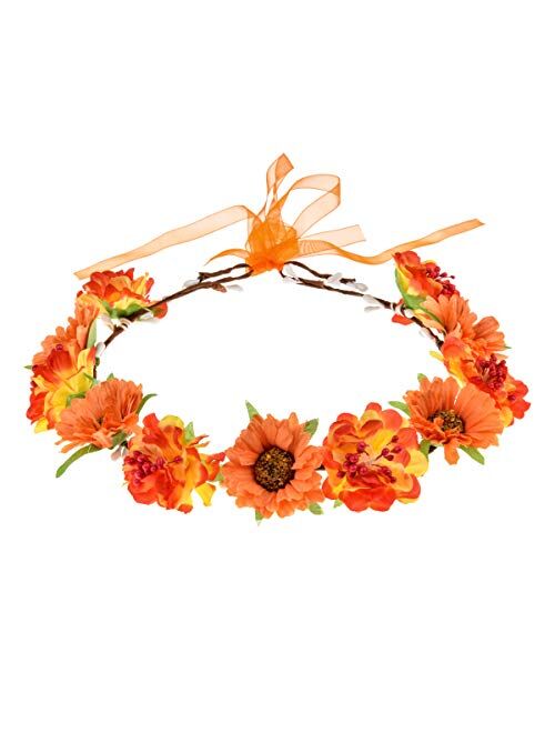 June Bloomy Rose Flower Leave Crown Bridal Halo Headband with Adjustable Ribbon